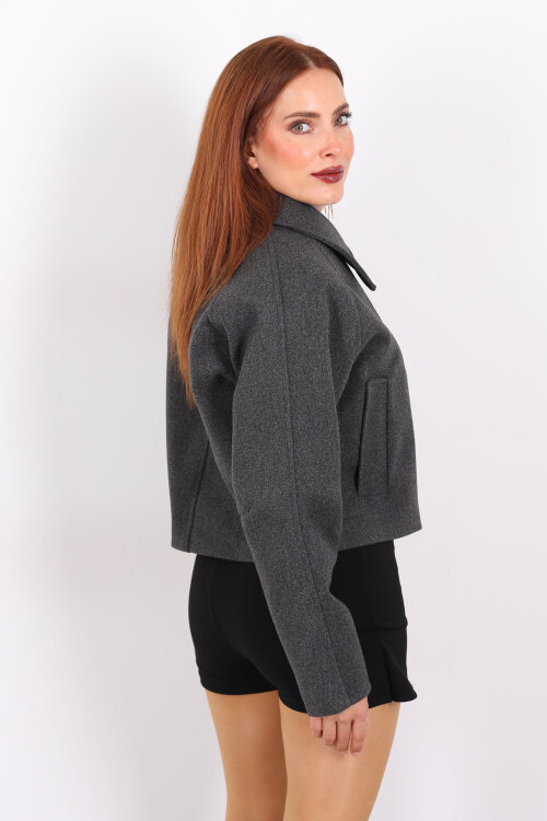 Cepli Fermuarlı Kısa Füme Kadın Kaşe Ceket - 5