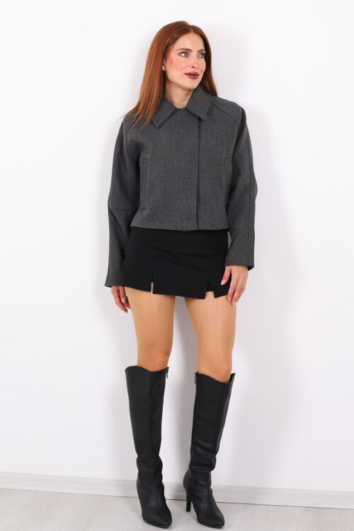 Cepli Fermuarlı Kısa Füme Kadın Kaşe Ceket - 4