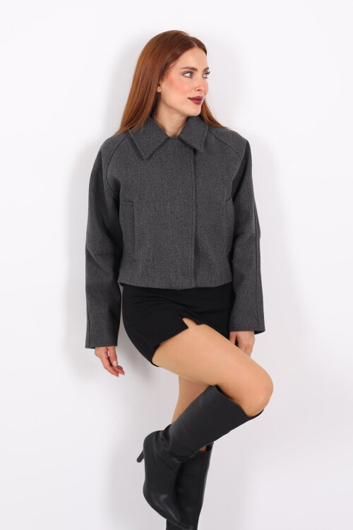 Cepli Fermuarlı Kısa Füme Kadın Kaşe Ceket - Berox