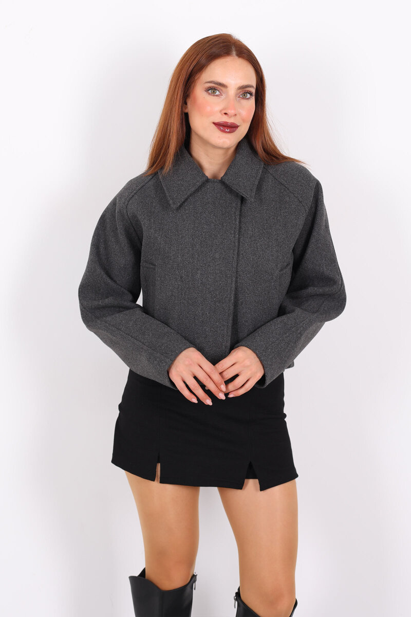 Cepli Fermuarlı Kısa Füme Kadın Kaşe Ceket - 6