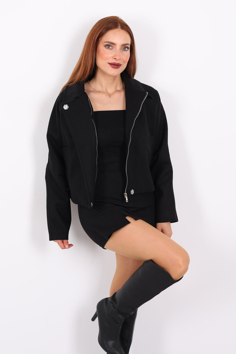Cepli Fermuarlı Kısa Siyah Kadın Kaşe Ceket - 1