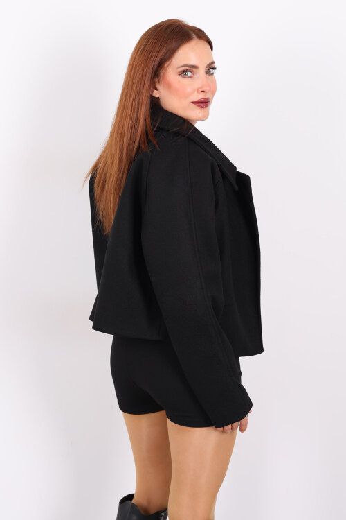 Cepli Fermuarlı Kısa Siyah Kadın Kaşe Ceket - 5