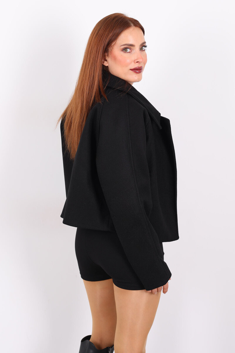 Cepli Fermuarlı Kısa Siyah Kadın Kaşe Ceket - 5
