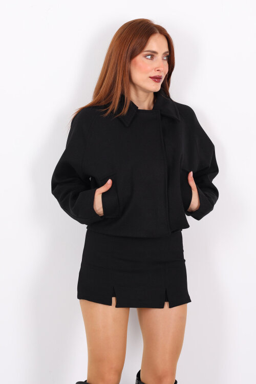 Cepli Fermuarlı Kısa Siyah Kadın Kaşe Ceket - 4