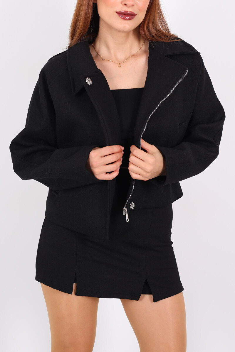 Cepli Fermuarlı Kısa Siyah Kadın Kaşe Ceket - 2