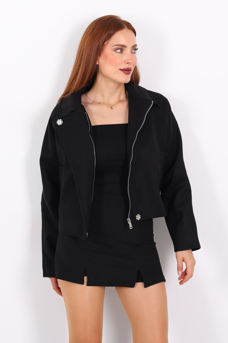 Cepli Fermuarlı Kısa Siyah Kadın Kaşe Ceket - 6
