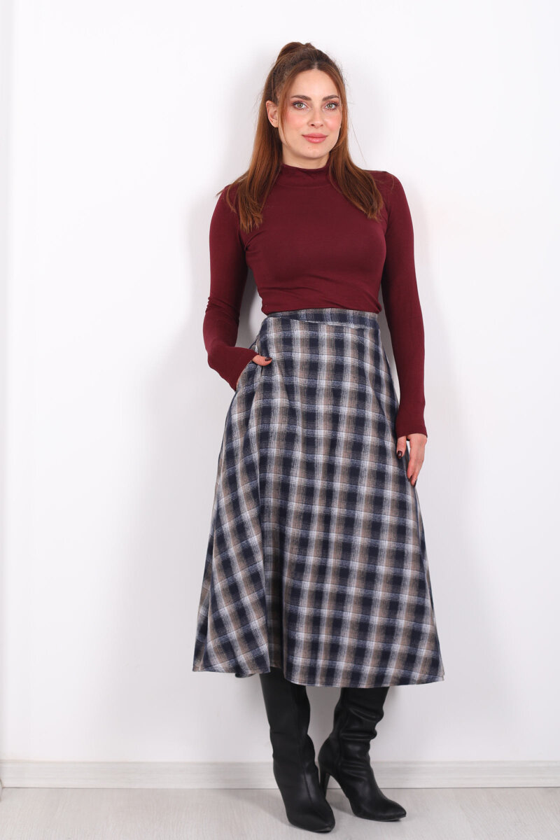 Cepli Kareli Antrasit Kadın Ekose Etek - 5