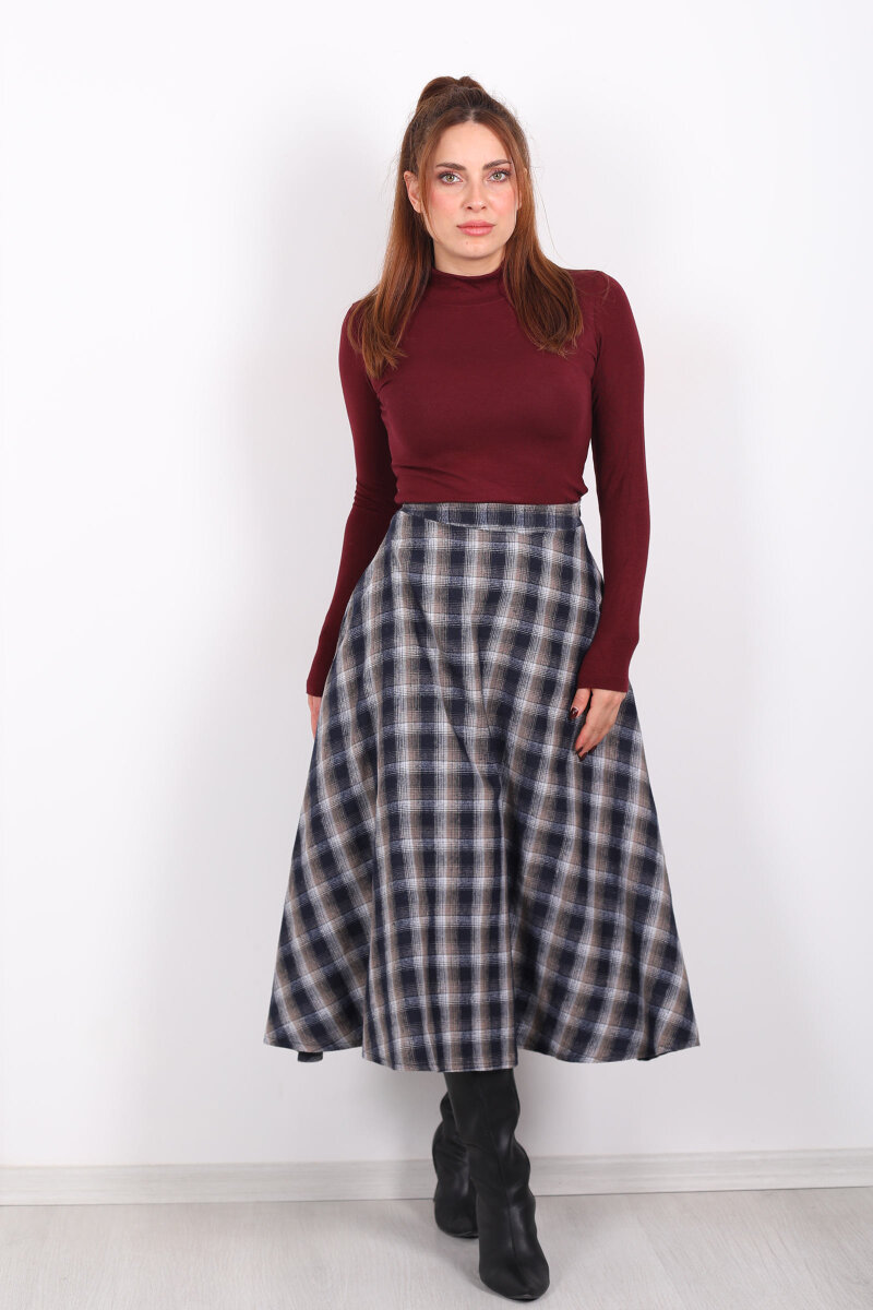 Cepli Kareli Antrasit Kadın Ekose Etek - 7