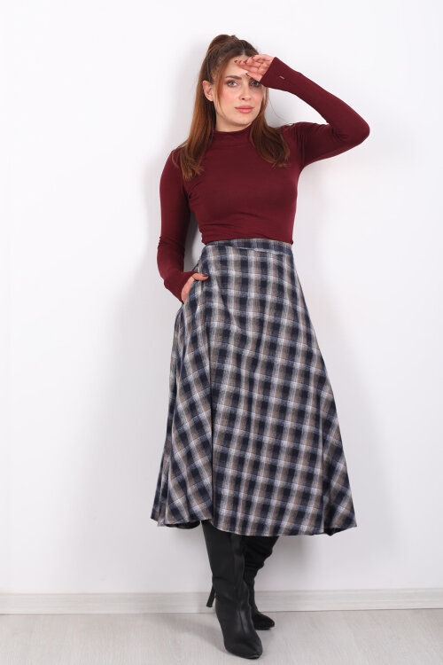 Cepli Kareli Antrasit Kadın Ekose Etek - Berox