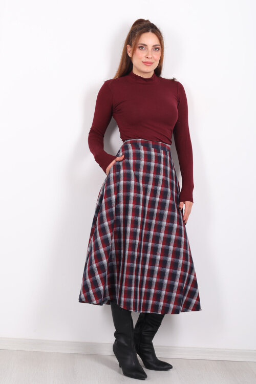 Cepli Kareli Bordo Kadın Ekose Etek - Berox
