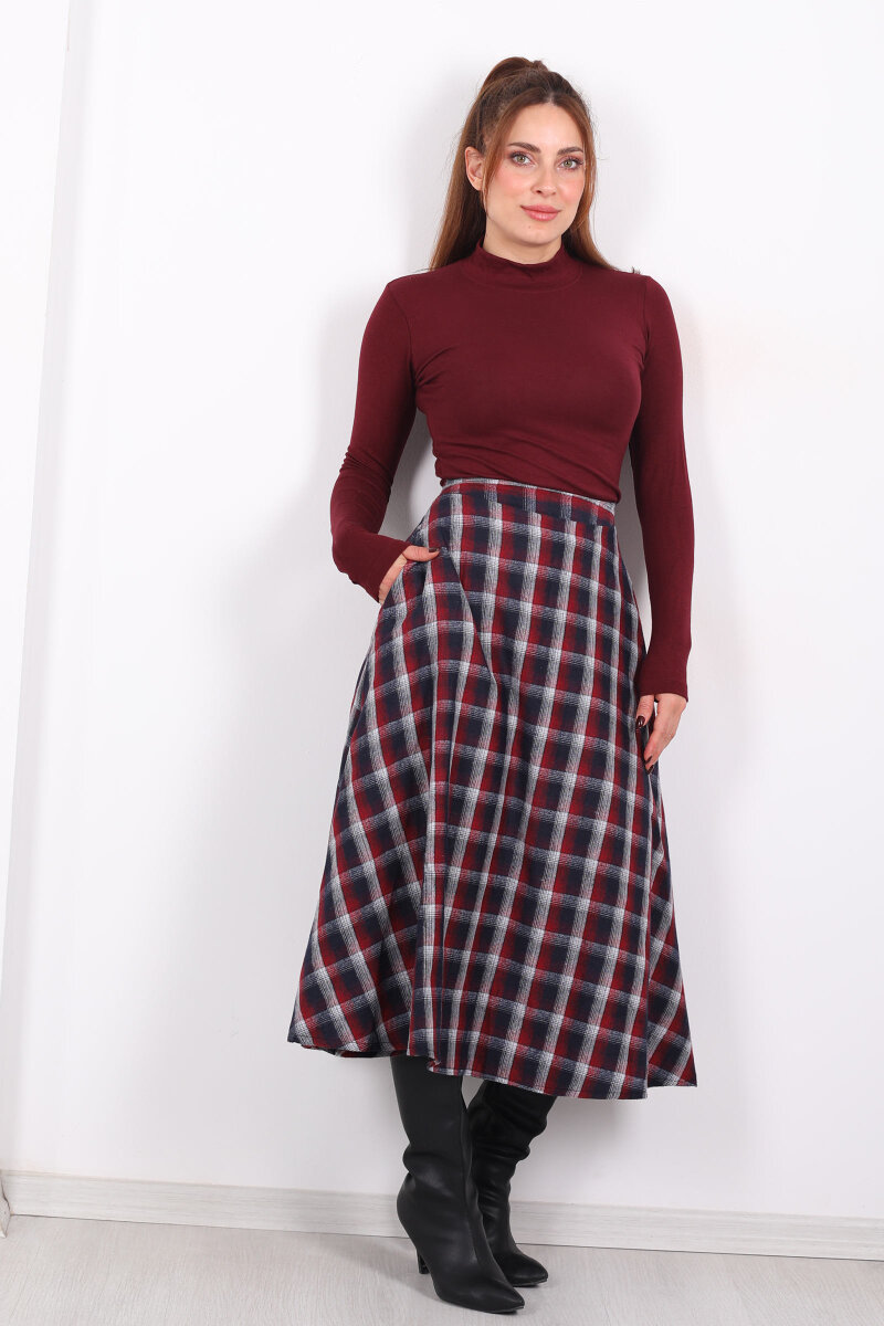 Cepli Kareli Bordo Kadın Ekose Etek - 6