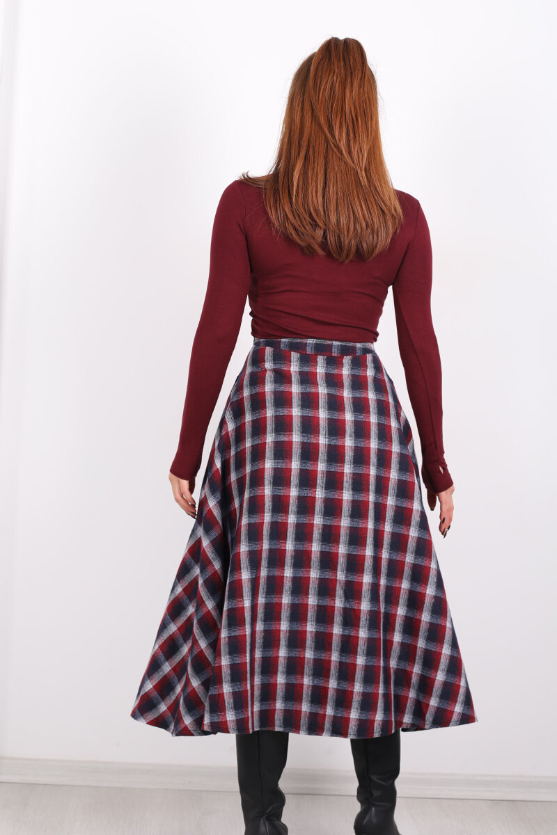 Cepli Kareli Bordo Kadın Ekose Etek - 5