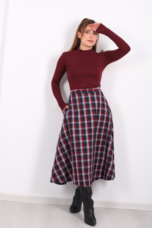 Cepli Kareli Bordo Kadın Ekose Etek - 3