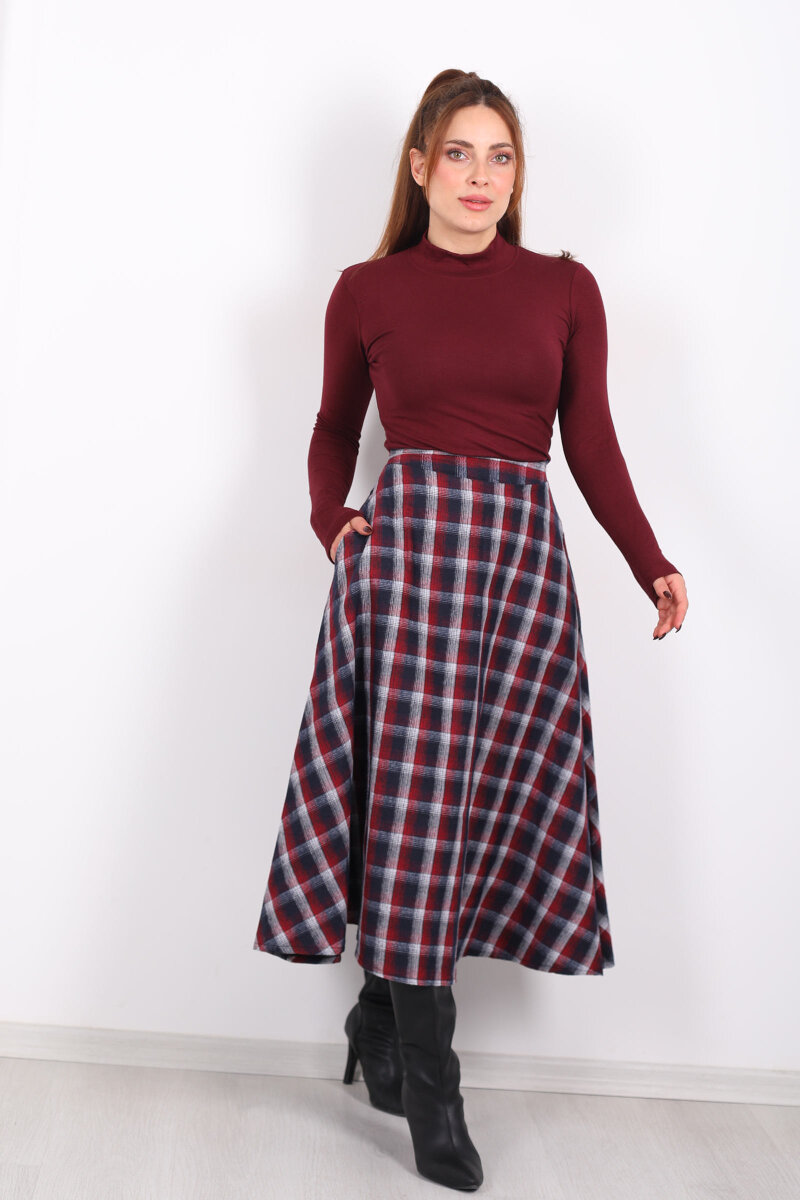 Cepli Kareli Bordo Kadın Ekose Etek - 4