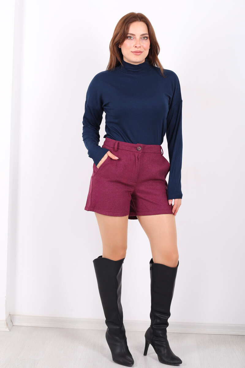 Cepli Kaşe Kadın Mürdüm Şort - 7