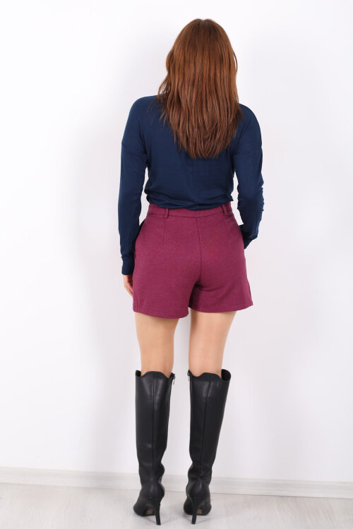 Cepli Kaşe Kadın Mürdüm Şort - 5