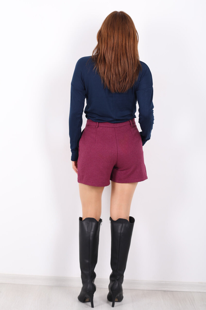 Cepli Kaşe Kadın Mürdüm Şort - 5