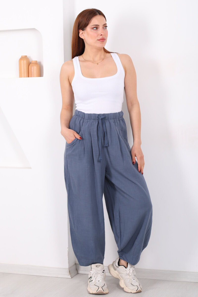 Cepli Keten Antrasit Kadın Şalvar Kesim Pantolon - 1