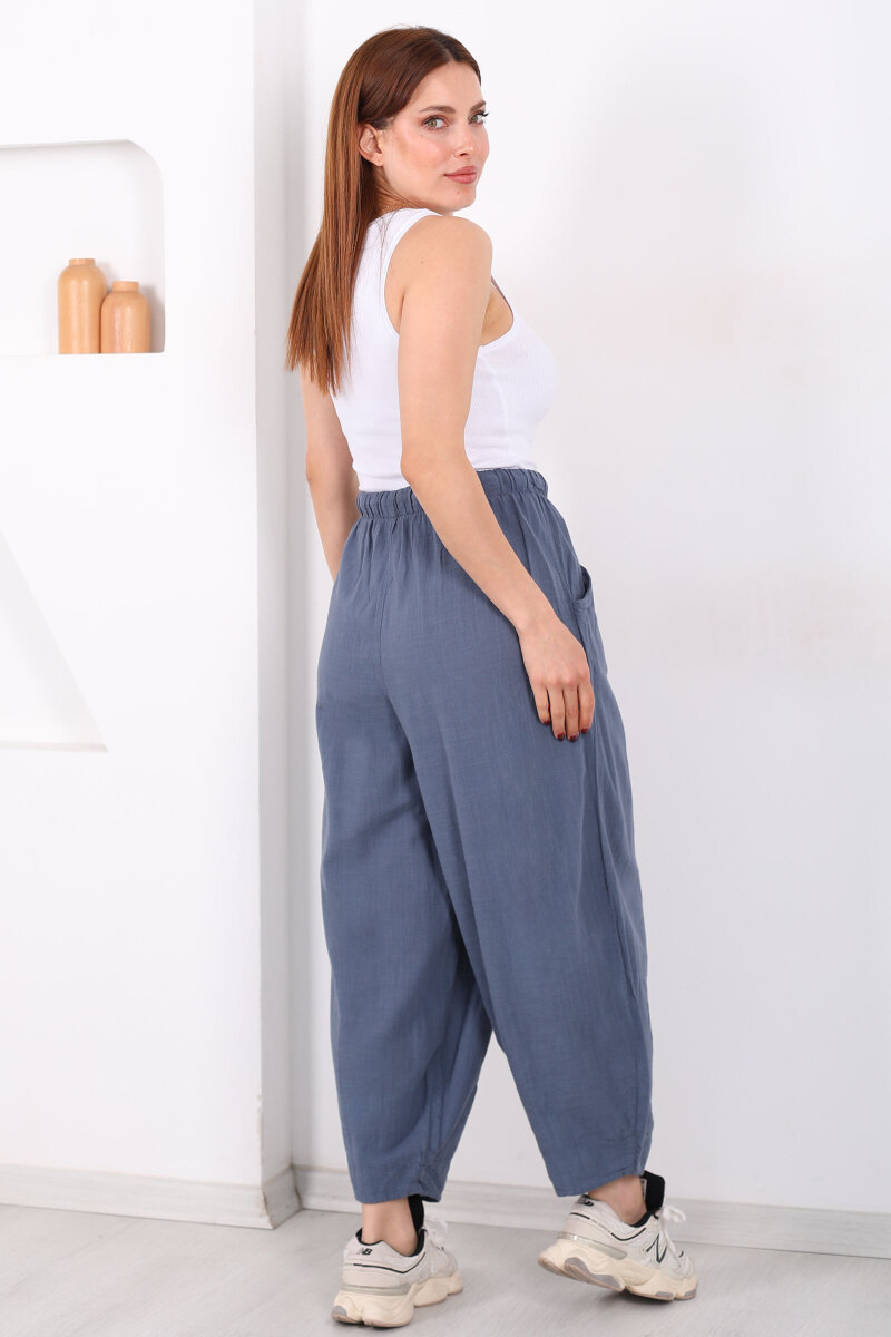 Cepli Keten Antrasit Kadın Şalvar Kesim Pantolon - 5