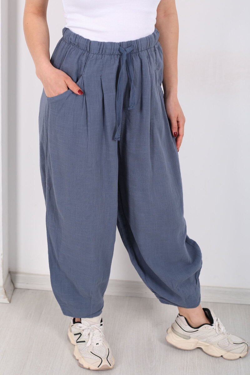 Cepli Keten Antrasit Kadın Şalvar Kesim Pantolon - 2