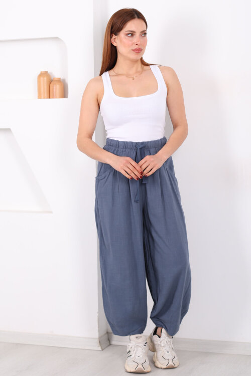 Cepli Keten Antrasit Kadın Şalvar Kesim Pantolon - 3