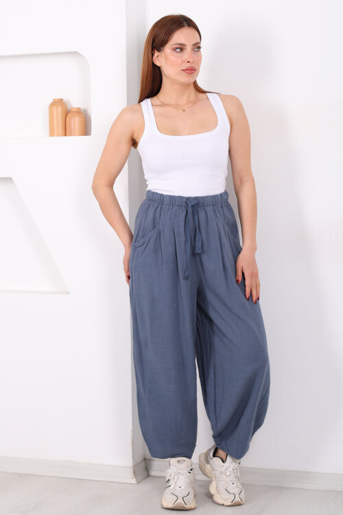 Cepli Keten Antrasit Kadın Şalvar Kesim Pantolon - 4