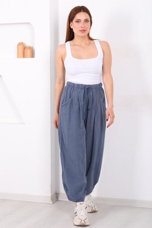 Cepli Keten Antrasit Kadın Şalvar Kesim Pantolon - 6