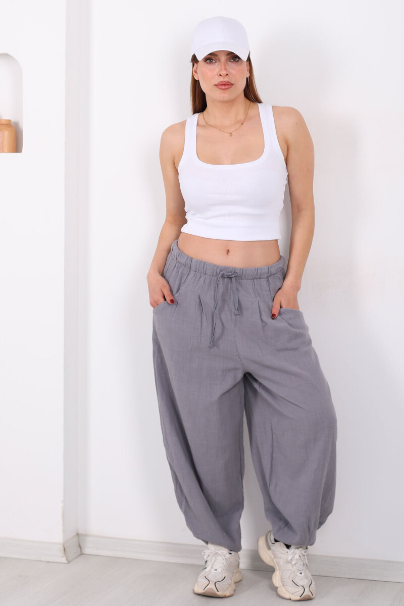 Cepli Keten Gri Kadın Şalvar Kesim Pantolon - 3