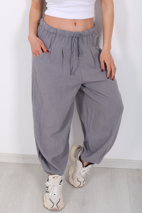 Cepli Keten Gri Kadın Şalvar Kesim Pantolon - Berox (1)