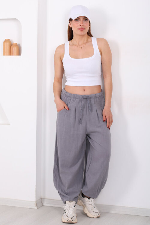 Cepli Keten Gri Kadın Şalvar Kesim Pantolon - 6