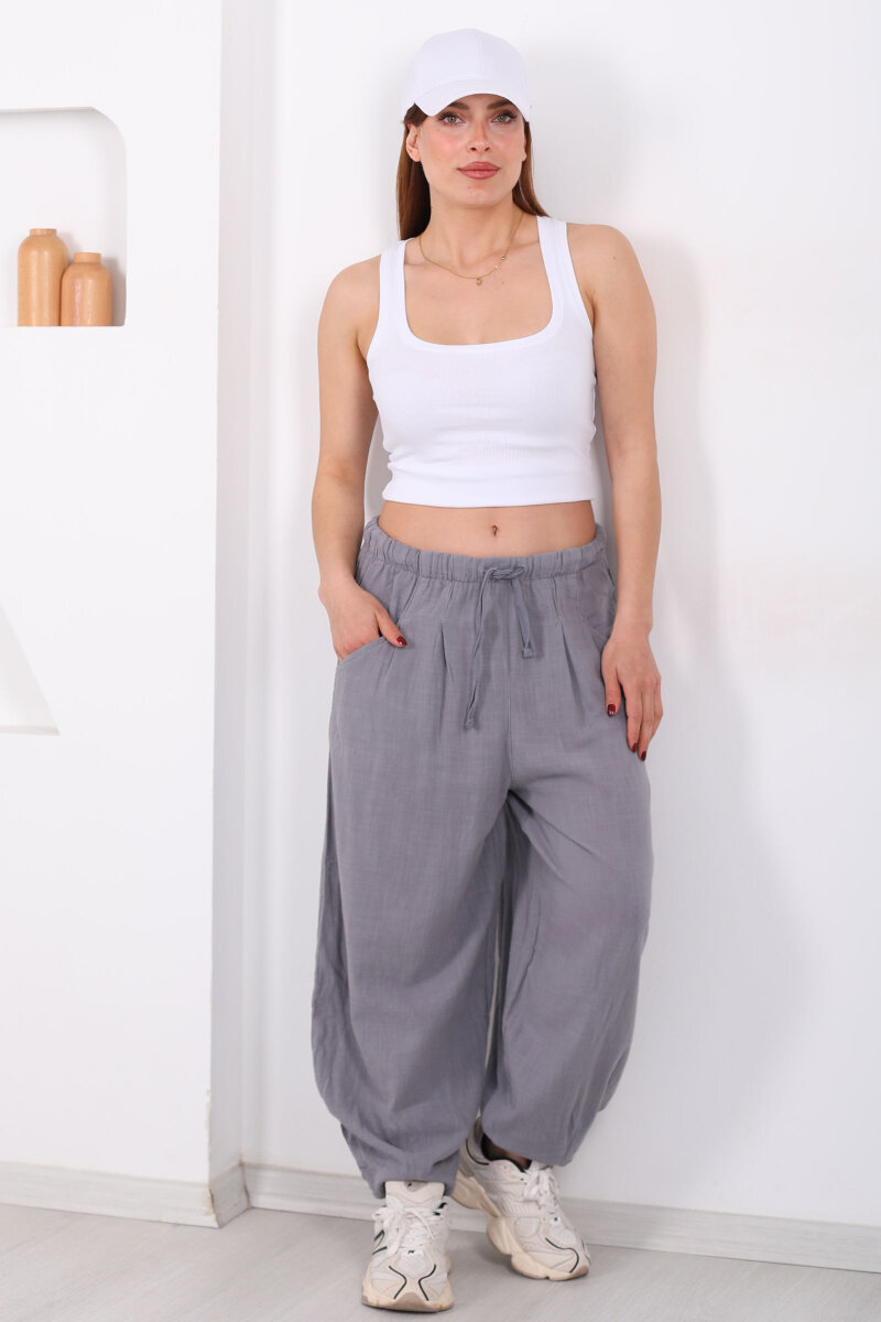 Cepli Keten Gri Kadın Şalvar Kesim Pantolon - 6