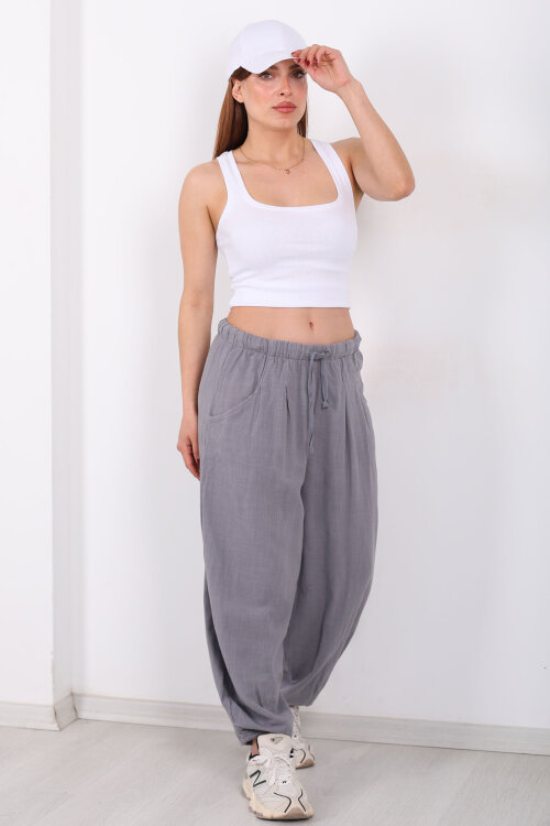 Cepli Keten Gri Kadın Şalvar Kesim Pantolon - Berox