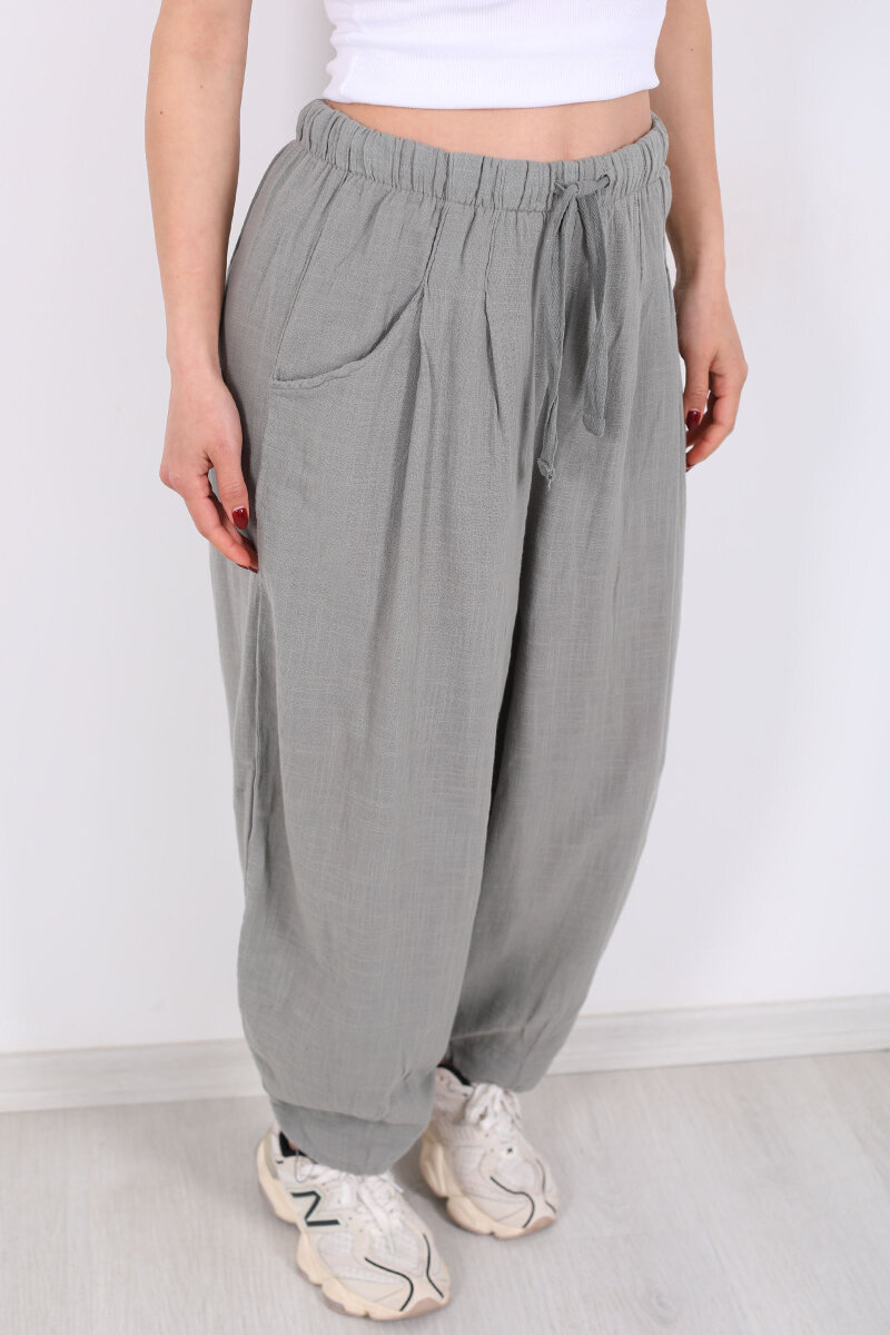 Cepli Keten Haki Kadın Şalvar Kesim Pantolon - 2