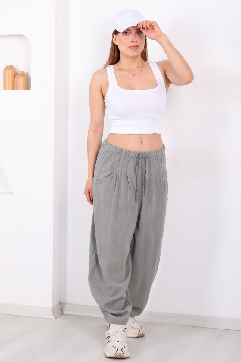 Cepli Keten Haki Kadın Şalvar Kesim Pantolon - 4