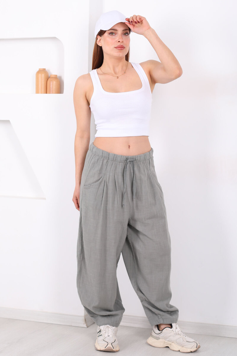 Cepli Keten Haki Kadın Şalvar Kesim Pantolon - 3