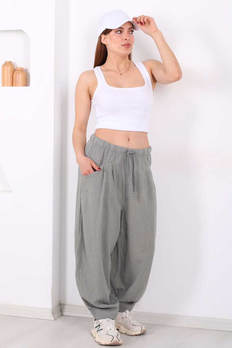 Cepli Keten Haki Kadın Şalvar Kesim Pantolon - 1