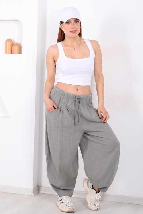 Cepli Keten Haki Kadın Şalvar Kesim Pantolon - 6