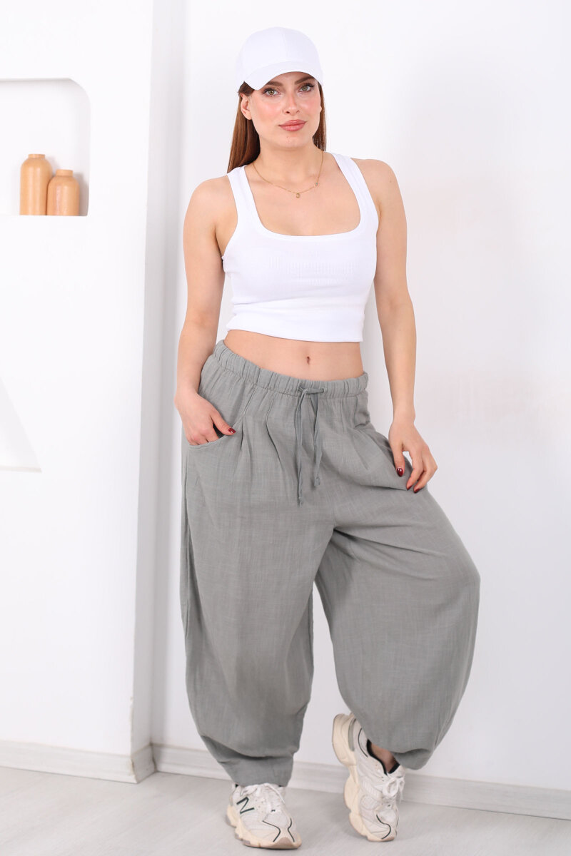 Cepli Keten Haki Kadın Şalvar Kesim Pantolon - 6