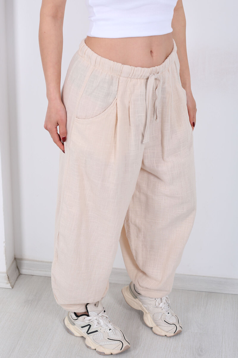 Cepli Keten Taş Rengi Kadın Şalvar Kesim Pantolon - 2