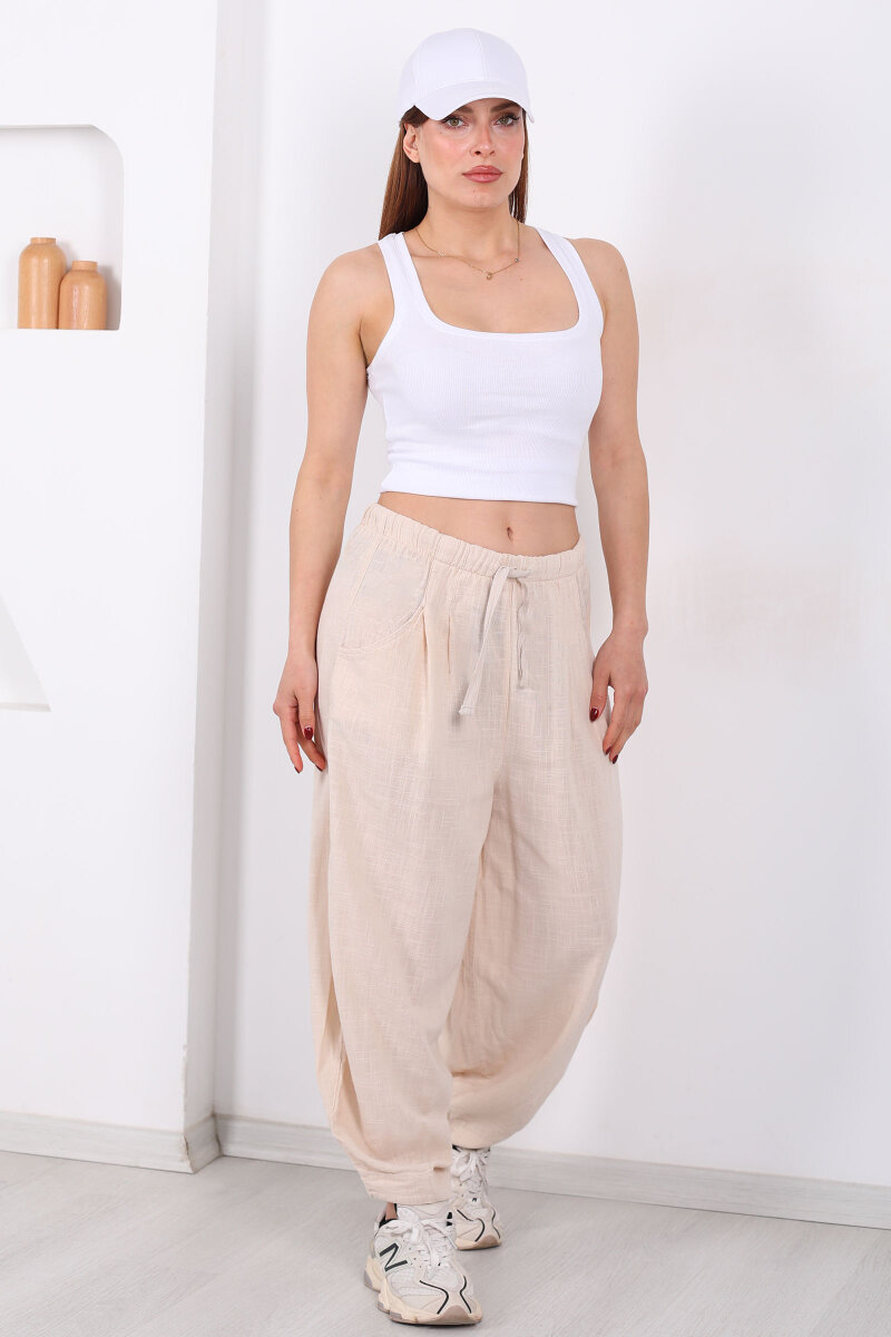Cepli Keten Taş Rengi Kadın Şalvar Kesim Pantolon - 4