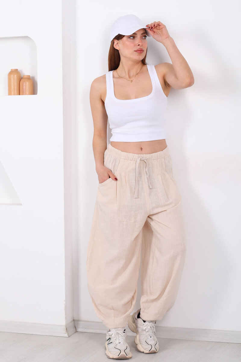 Cepli Keten Taş Rengi Kadın Şalvar Kesim Pantolon - 6