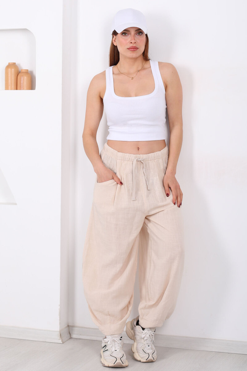 Cepli Keten Taş Rengi Kadın Şalvar Kesim Pantolon - 1