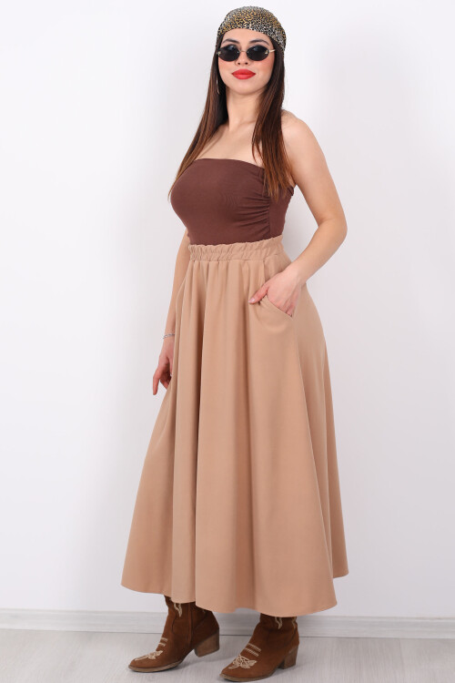 Cepli Midi Kloş Bej Krep Kadın Etek - 3