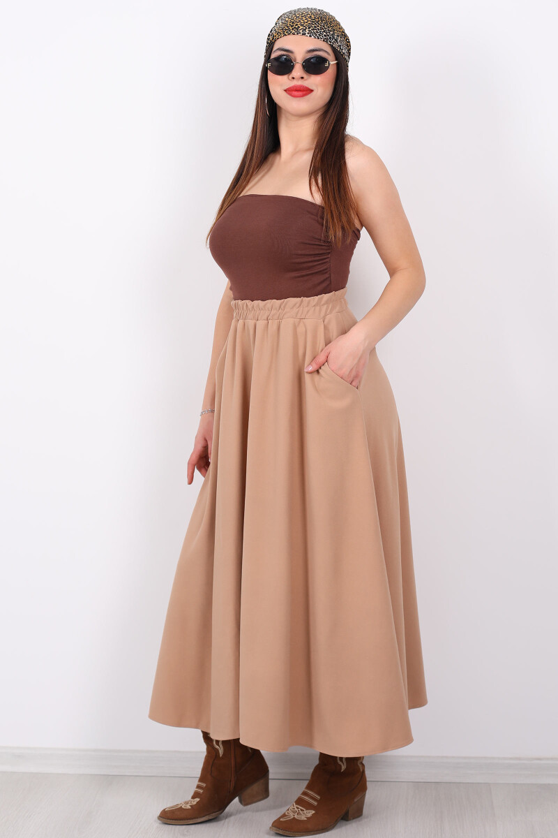 Cepli Midi Kloş Bej Krep Kadın Etek - 3