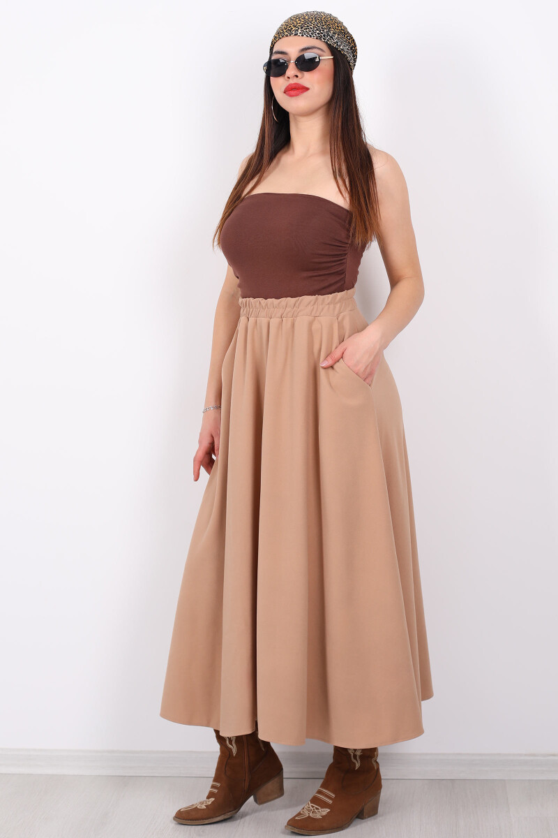 Cepli Midi Kloş Bej Krep Kadın Etek - 5