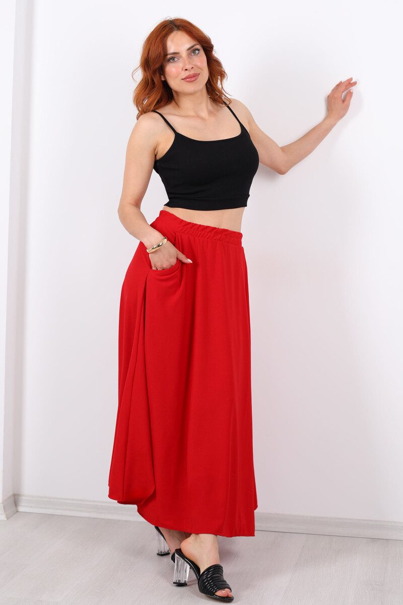 Cepli Midi Kloş Kırmızı Krep Kadın Etek - 3