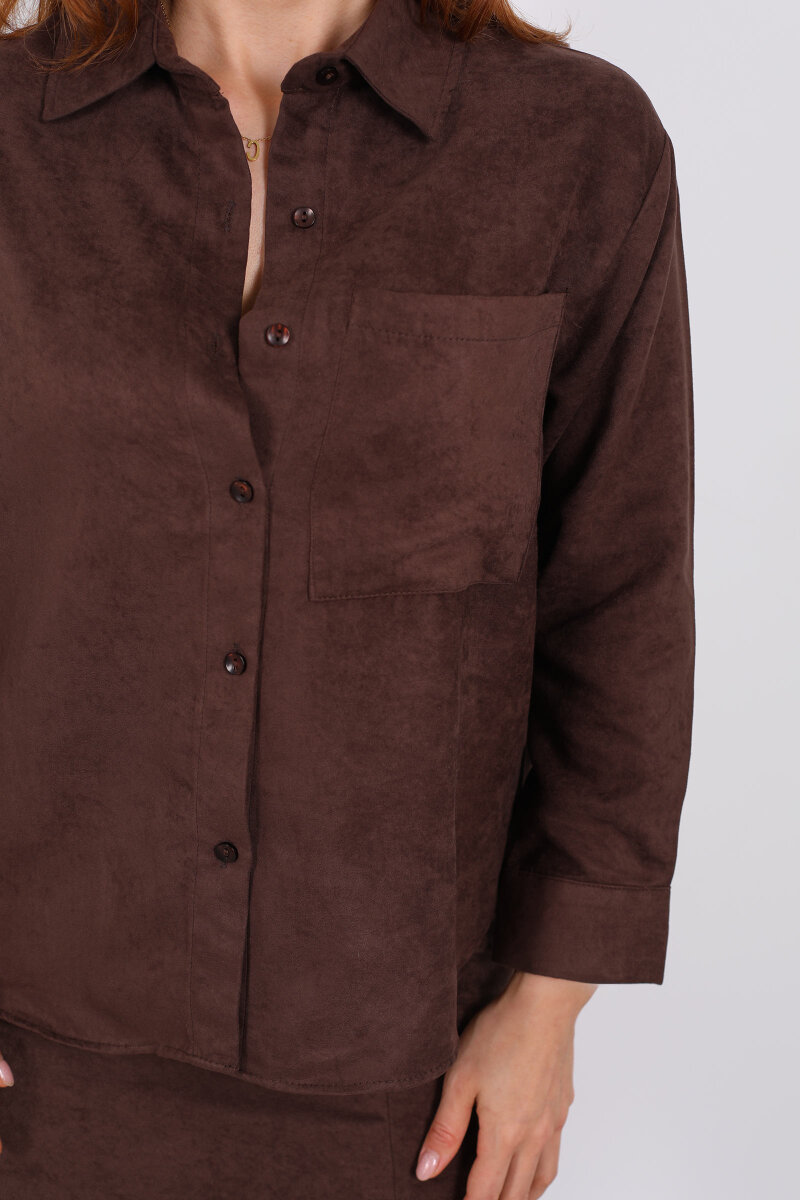 Cepli Süet Acı Kahve Kadın Gömlek - 2