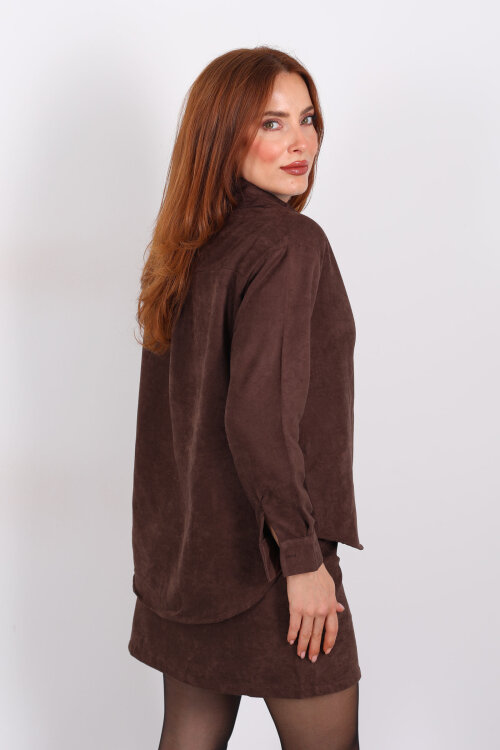 Cepli Süet Acı Kahve Kadın Gömlek - 6