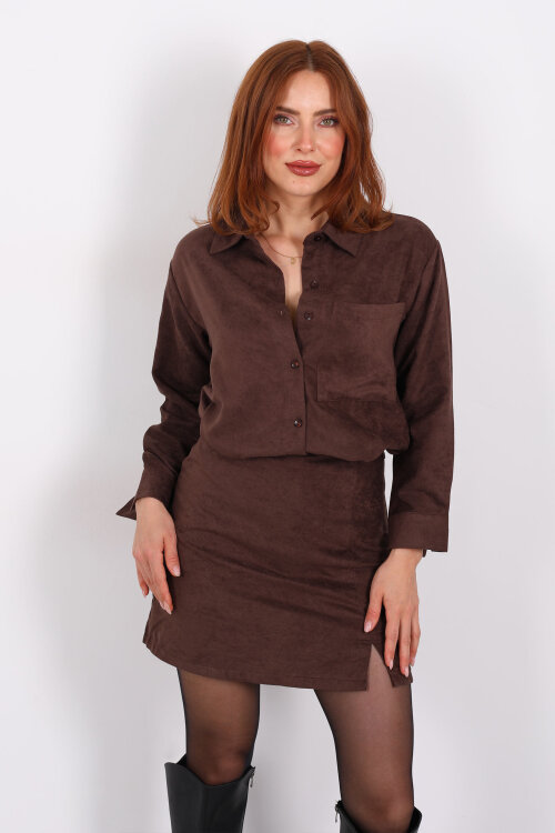 Cepli Süet Acı Kahve Kadın Gömlek - 4