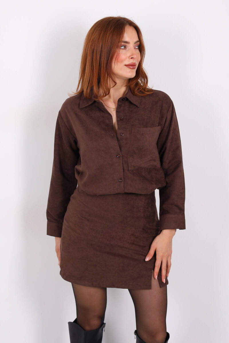 Cepli Süet Acı Kahve Kadın Gömlek - 7